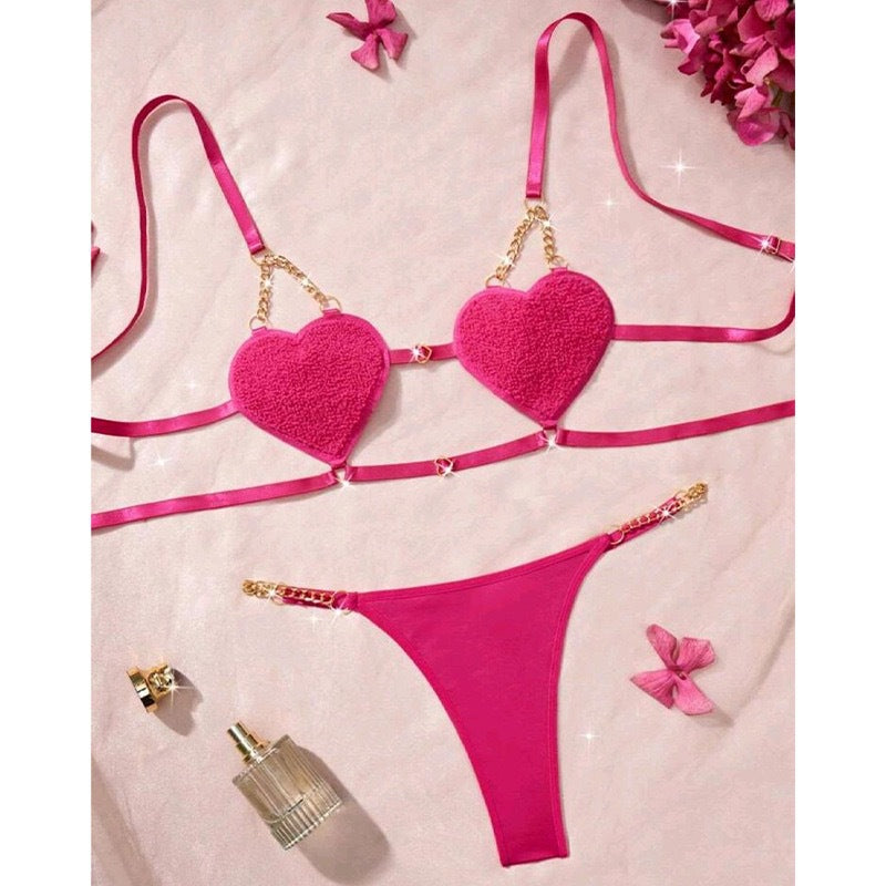 Sexy heart-shaped strap backless seductive two-piece solid color lingerie set