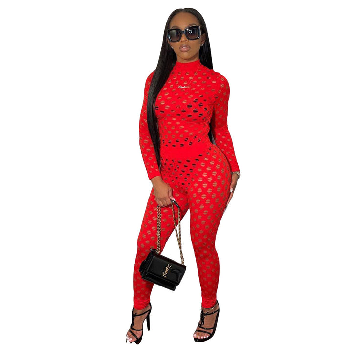 Sexy hollow-out zipper solid color long-sleeved tight-fitting jumpsuit
