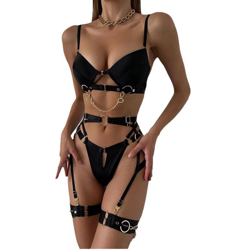 Sexy metal chain embellished solid color open-front lingerie set