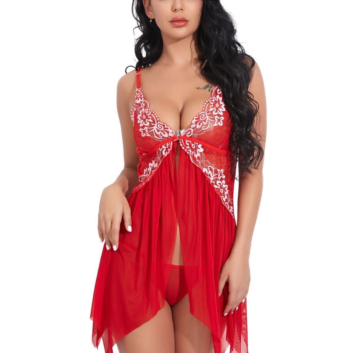 Sexy butterfly print strappy nightgown with front button closure