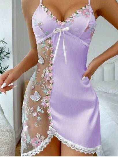 Fashionable lace embroidery see-through camisole sexy lingerie set