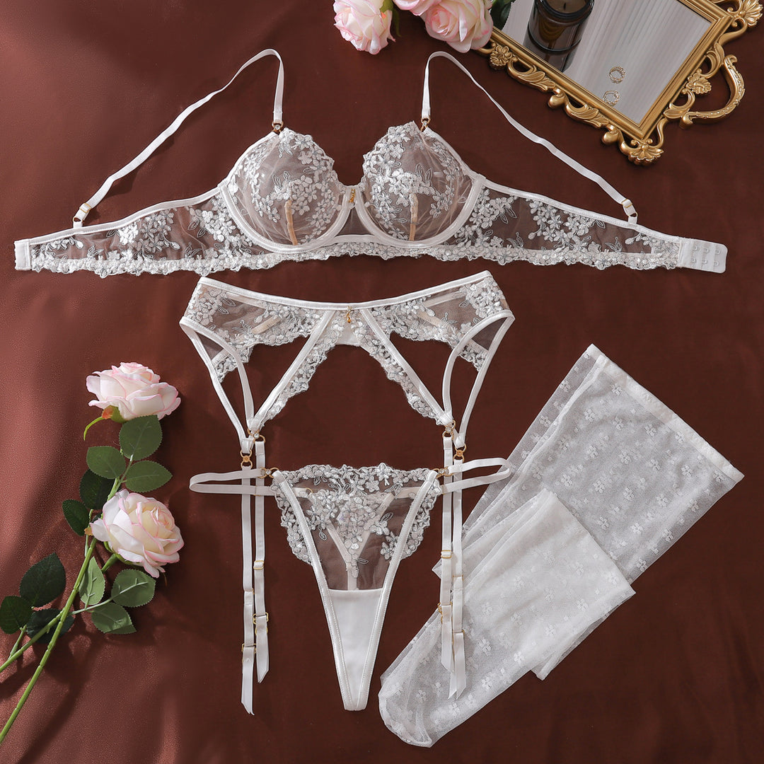Floral embroidered push-up bra two-piece set with stockings