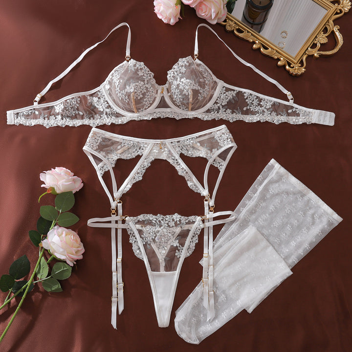 Floral embroidered push-up bra two-piece set with stockings