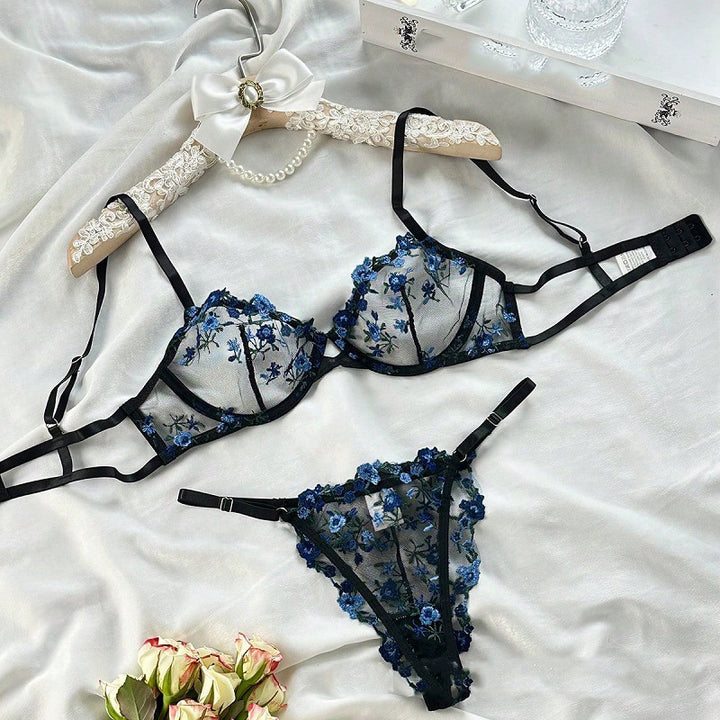 Ultra-thin cup bra thong embroidered set