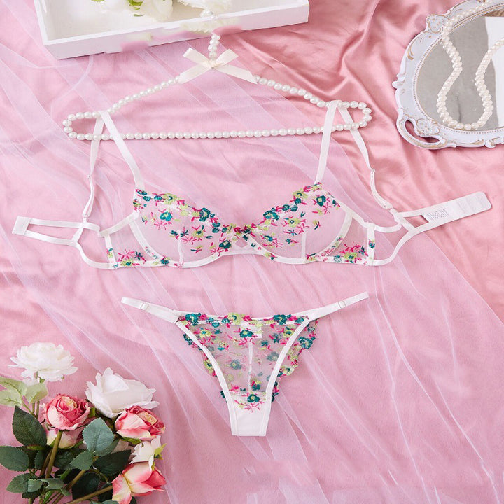 Ultra-thin cup bra thong embroidered set