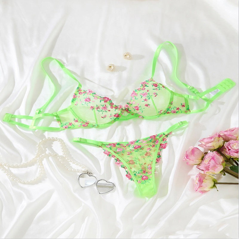 Ultra-thin cup bra thong embroidered set