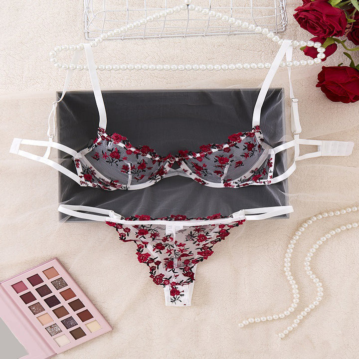 Ultra-thin cup bra thong embroidered set
