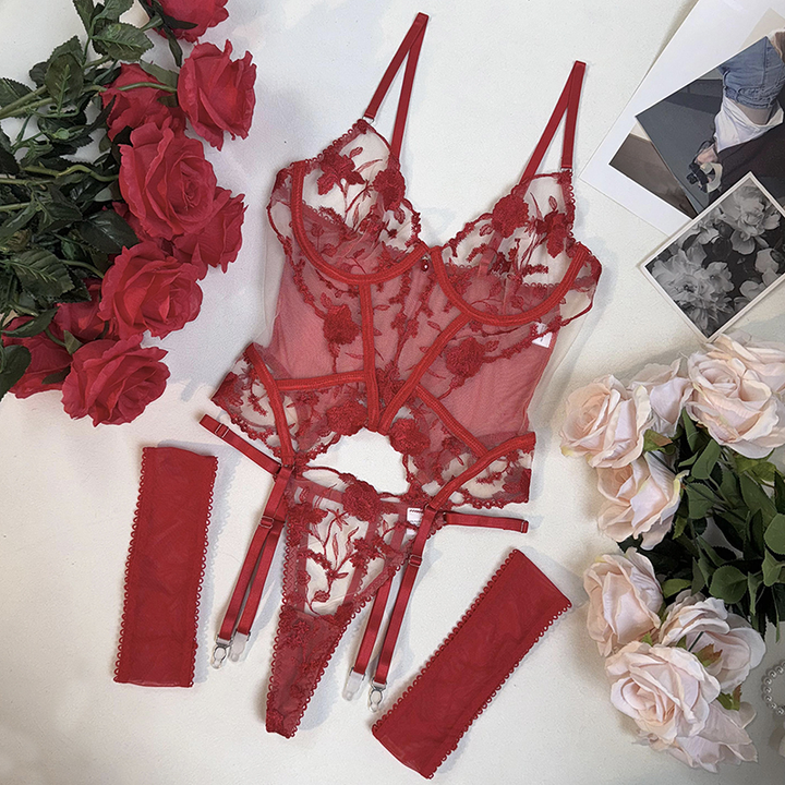 Heavily Embroidered Mesh Three-Piece Set