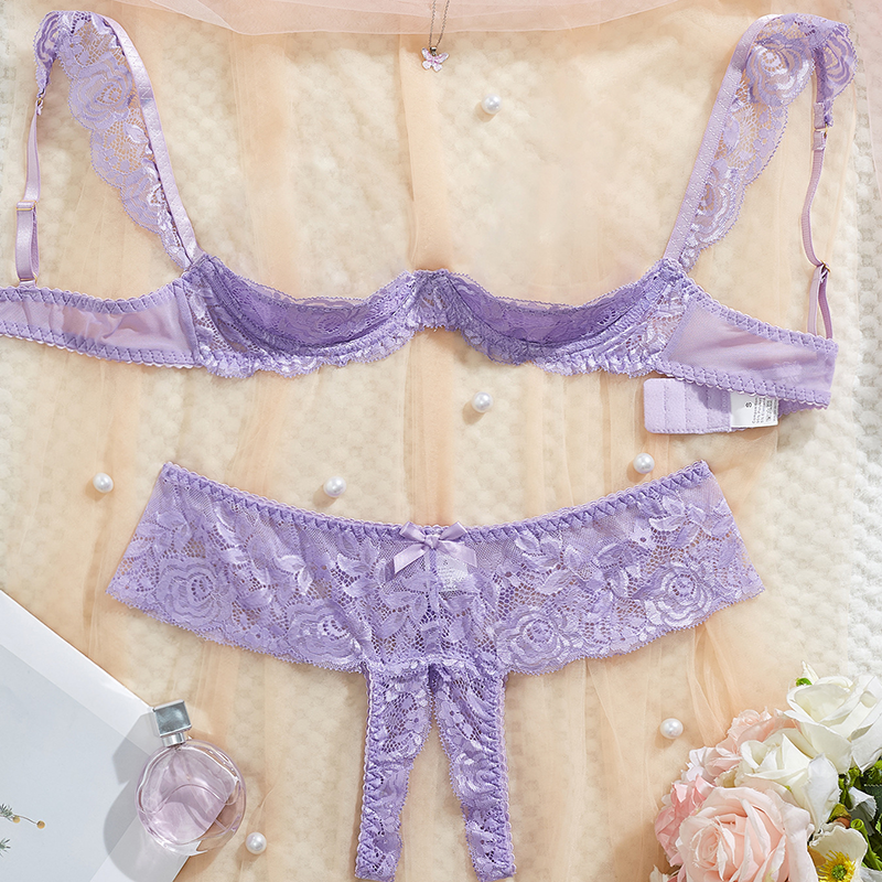 Ruffled lace-strap bra and open-crotch panties