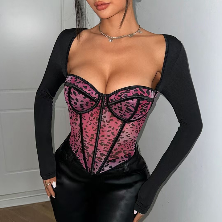 Leopard-print panelled corset with boning