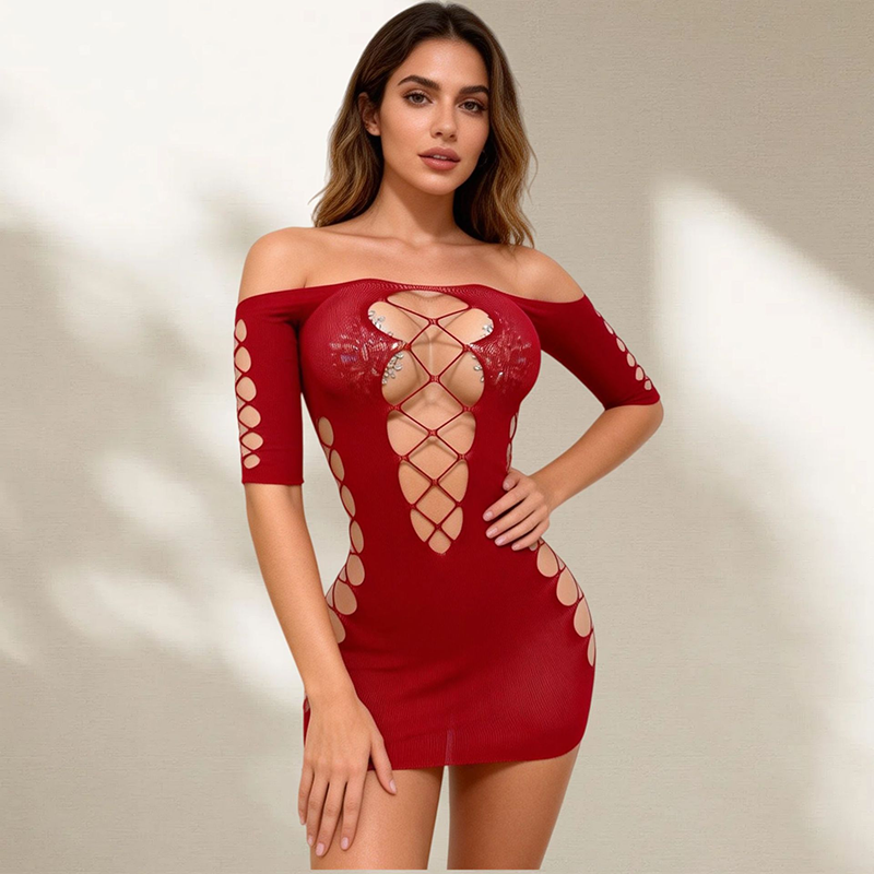 Off-the-shoulder cut-out fishnet bodycon dress