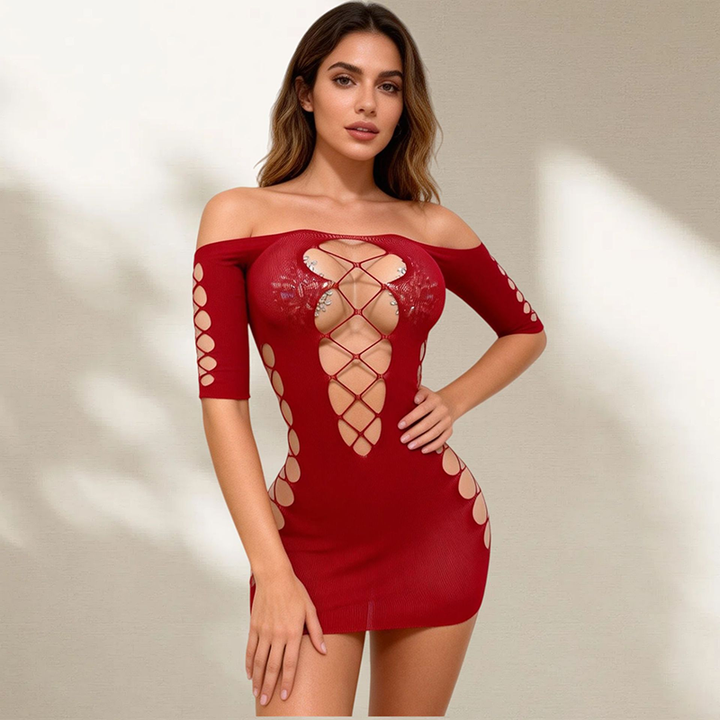 Off-the-shoulder cut-out fishnet bodycon dress
