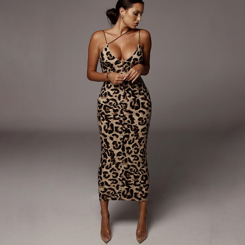 Leopard-print slim-fit deep-V dress