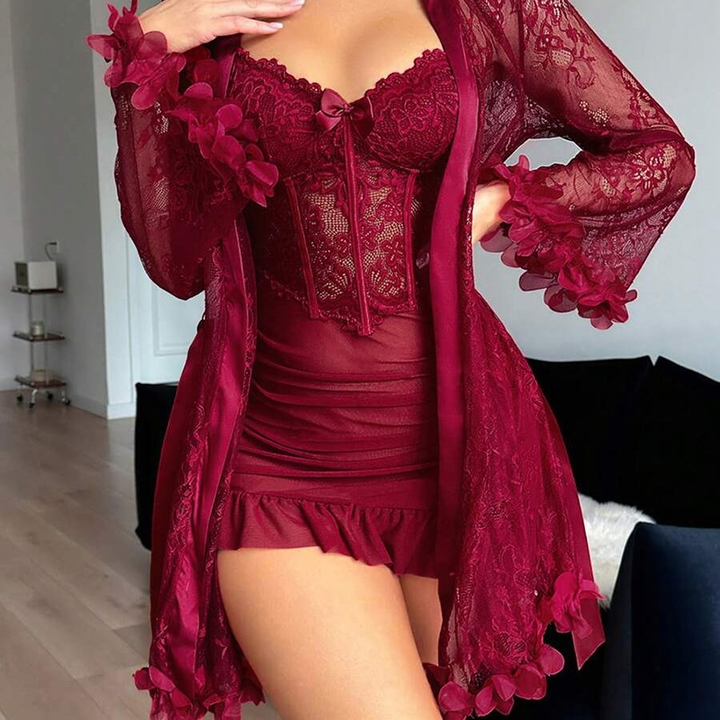 Lace petal-sleeve robe-style sleepwear