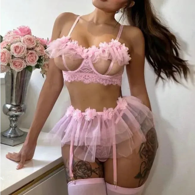 Floral Lace See-Through Miniskirt T-Back Sexy Lingerie Set