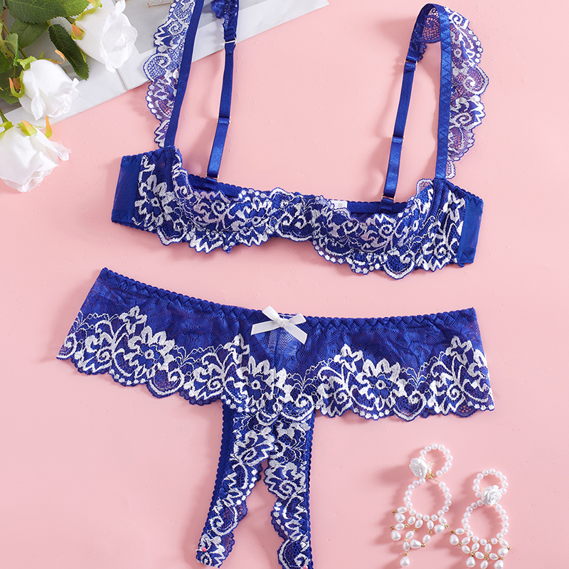 Ruffled lace-strap bra and open-crotch panties