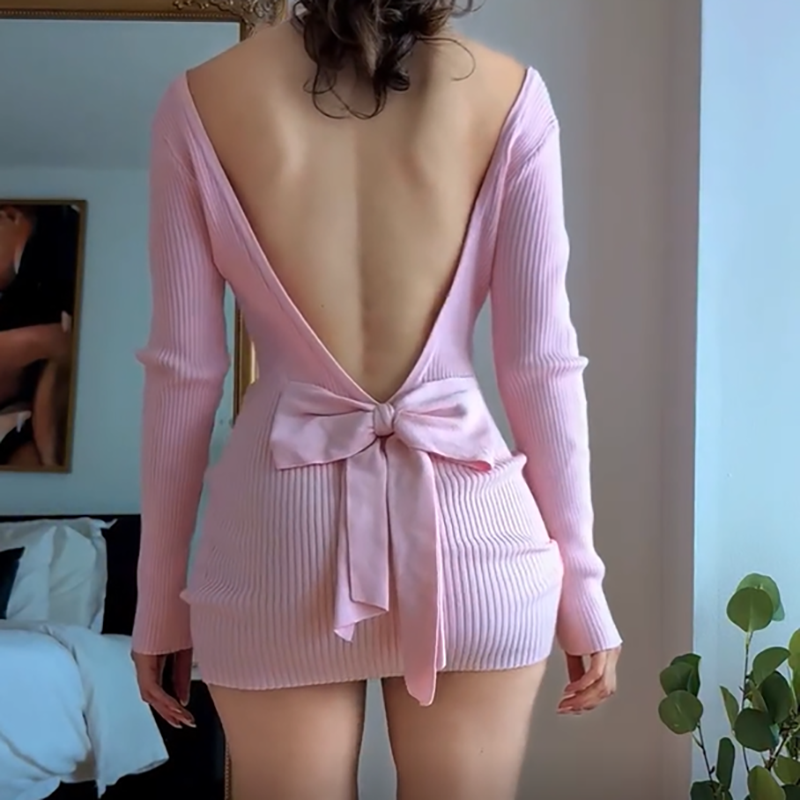 Long-Sleeve Backless Dress with Bow Detail
