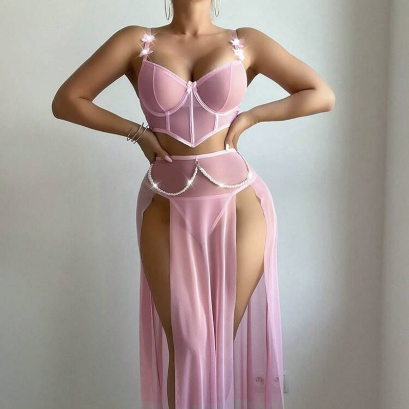 Pearl-Embellished Mesh Slit Set