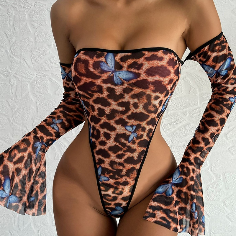 Leopard Print Long-Sleeve Tube Top Bodysuit