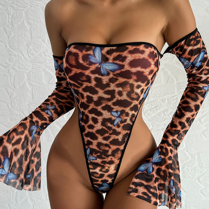 Leopard Print Long-Sleeve Tube Top Bodysuit