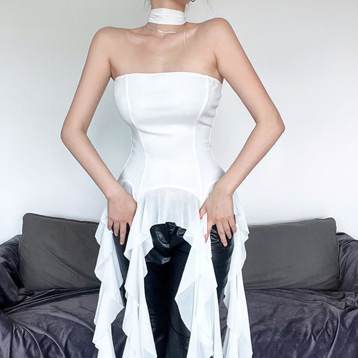 New Ruffled Ribbon Tube Top with Asymmetrical Design