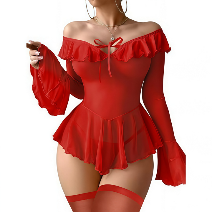 Ruffled Off Shoulder Sheer Mesh Nightgown
