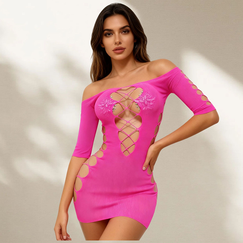 Off-the-shoulder cut-out fishnet bodycon dress