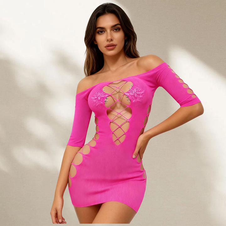 Off-the-shoulder cut-out fishnet bodycon dress