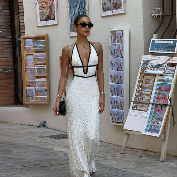 White halter-neck backless fitted maxi dress