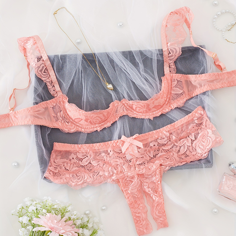 Ruffled lace-strap bra and open-crotch panties