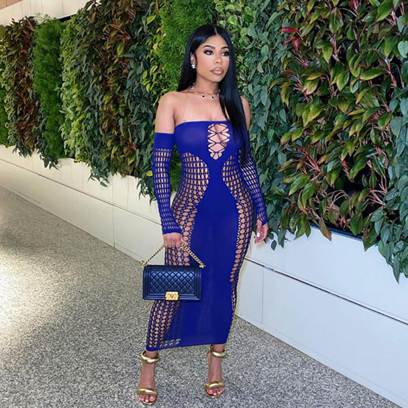 Off-the-shoulder long-sleeve fishnet maxi dress