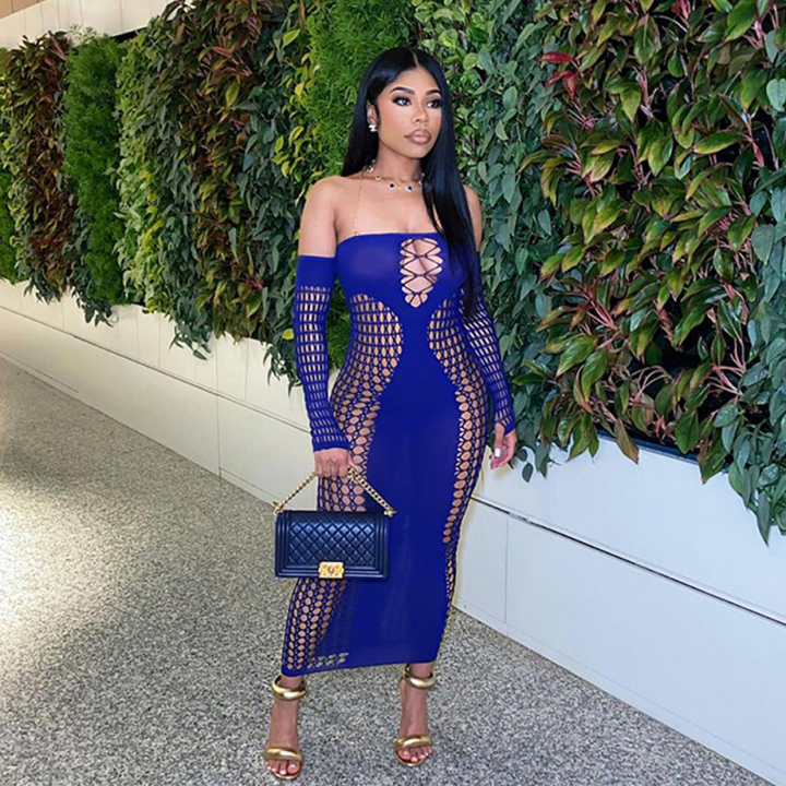 Off-the-shoulder long-sleeve fishnet maxi dress