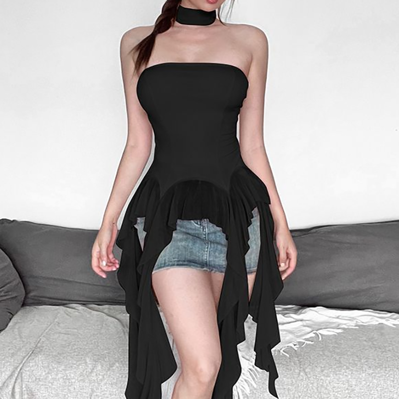 New Ruffled Ribbon Tube Top with Asymmetrical Design